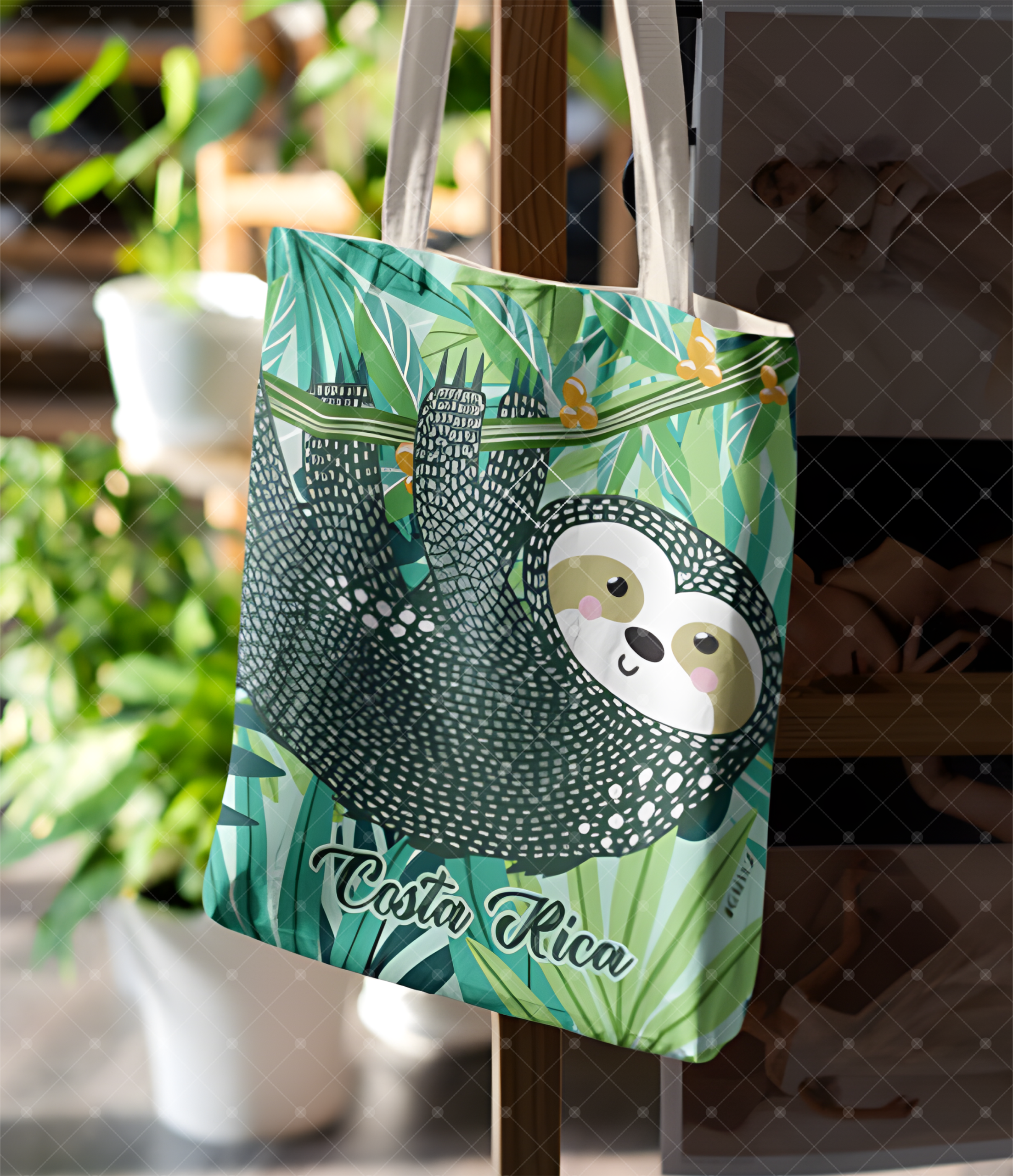 Tote bag celeste con oso perezoso entre hojas tropicales y correas claras de algodón.
