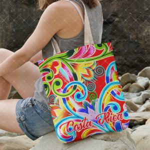 Tote bag multicolor con diseño ornamental inspirado en la carreta típica costarricense.