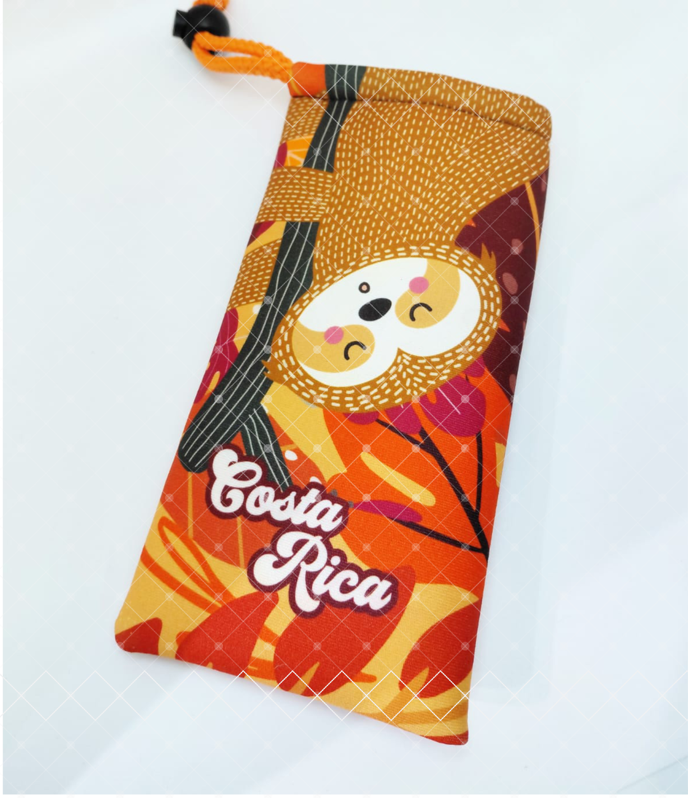 Bolsa para lentes oso perezoso naranja en neopreno con diseño inspirado en Costa Rica.